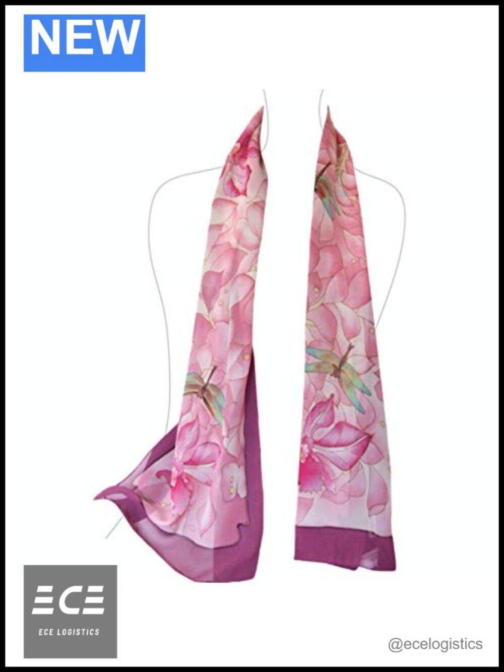 Pure Silk Georgette Scarf Hand Rolled Dragonfly Floral Artisan Accessory